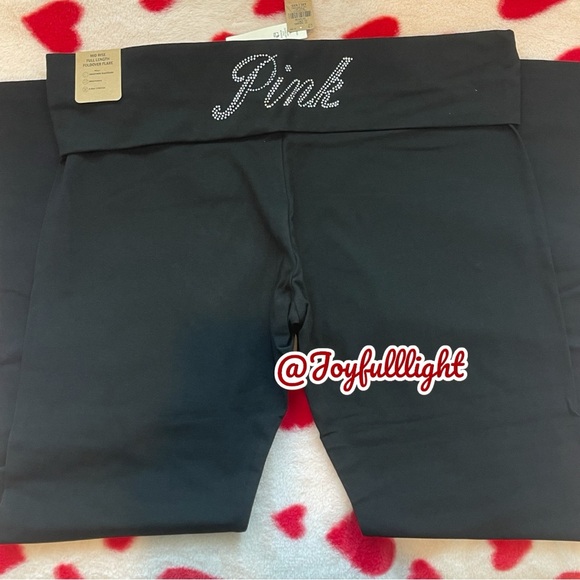 NEW PINK flare BLACK foldover leggings BLING LOGO - Picture 5 of 8